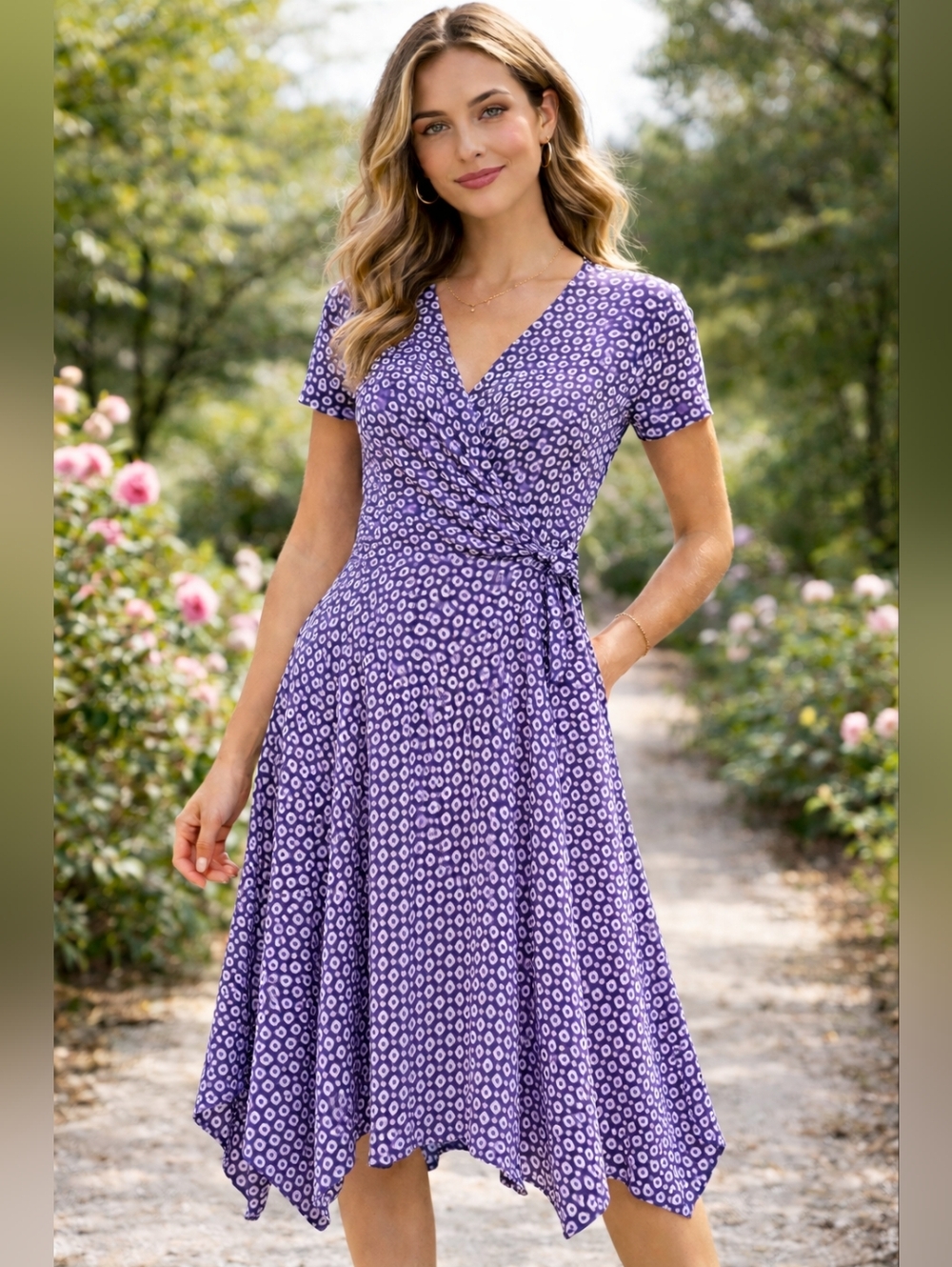 Perceptions NY Purple & White Faux Wrap Midi Dress Sz L Handkerchief Hem